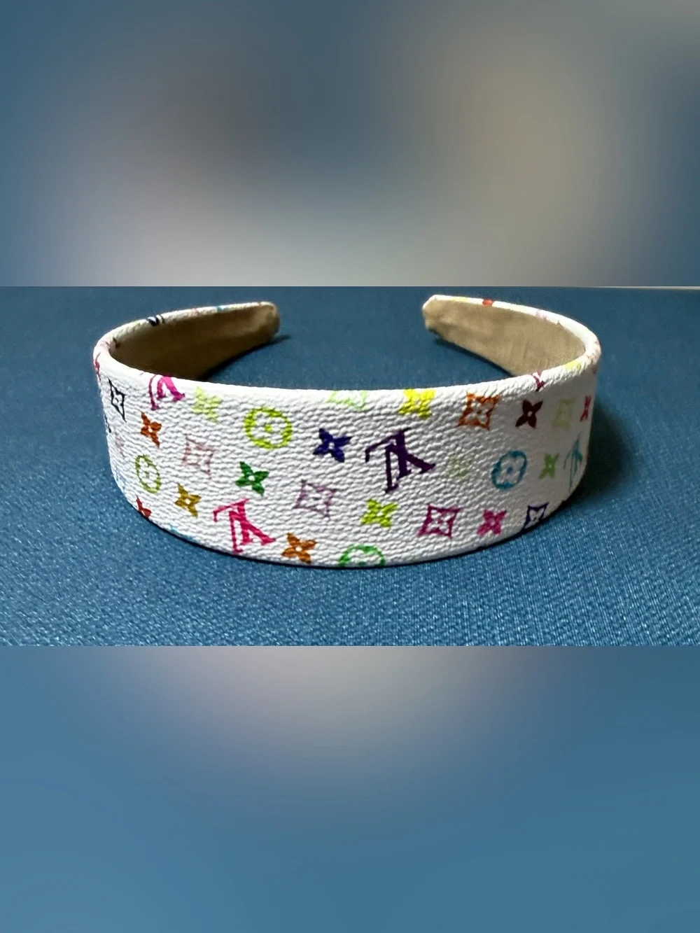 Designer, vegan leather, white pink purple, multicolored monogram Headband new